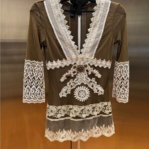 Elegant Lace Trimmed Blouse in Olive and Cream